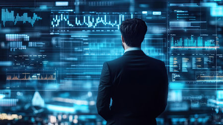 A business professional stands in front of a futuristic digital interface, analyzing dynamic data displays and charts. The scene captures innovation and strategic insight in a modern work environment.の素材