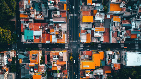 This aerial photograph captures a vibrant urban neighborhood featuring colorful rooftops and a symmetrical street layout, illustrating city life dynamics.の素材