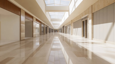 Spacious interior view of a modern, empty mall corridor filled with natural light, showcasing sleek surfaces and clean lines, ideal for various design projects.の素材