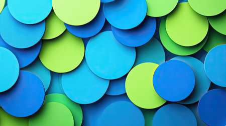 A vibrant and colorful arrangement of circular shapes in various shades of blue and green creates an energetic and eye-catching background design. Ideal for creative projects.の素材