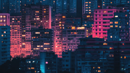 Explore a captivating cityscape at night, showcasing brightly lit windows and vibrant colors that create a stunning urban atmosphere filled with life.の素材