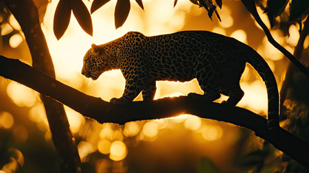A stunning silhouette of a leopard perched on a branch, captured against the backdrop of a golden sunset in a lush rainforest, showcasing the beauty of nature.の素材