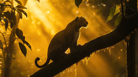 A majestic leopard silhouette perches on a tree branch, immersed in the golden rays of sunlight filtering through the dense jungle foliage, creating a serene and captivating scene.の素材
