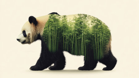 An artistic illustration of a panda features a colorful forest landscape within its silhouette, symbolizing nature's beauty and harmony. Perfect for eco-friendly themes.の素材