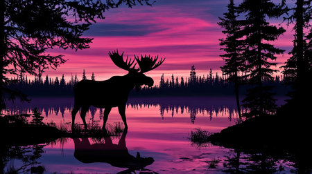 A stunning silhouette of a moose stands by a tranquil lake at sunset, surrounded by vibrant colors of pink and purple skies reflecting over the calm water.の素材