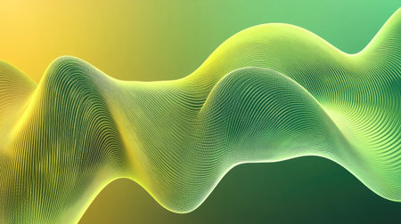 Abstract waves in green and yellow create a visually stunning background. The flowing patterns evoke energy, harmony, and modern design appeal.の素材