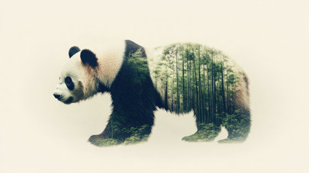Unique artistic representation of a panda silhouette filled with a forest landscape, symbolizing the harmony of wildlife and nature conservation themes.の素材