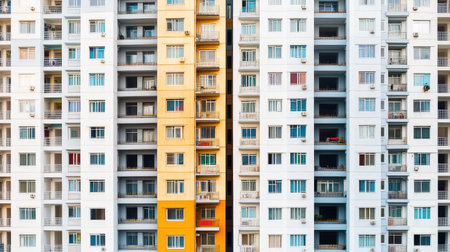 This image features a modern apartment building facade showcasing a range of colors, with one section highlighted in a vibrant yellow, emphasizing urban living.の素材