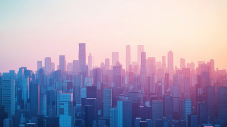 A stunning cityscape at sunrise featuring modern buildings bathed in vibrant hues. Perfect for showcasing urban beauty and tranquility in travel themes.の素材