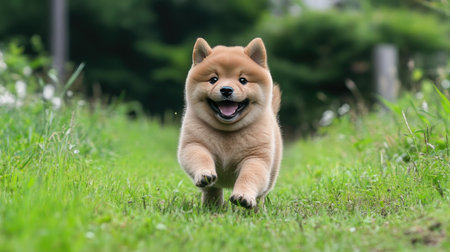 A joyful puppy runs happily through a grassy meadow, capturing the essence of playful innocence. The scene radiates warmth and enthusiasm under the sunlight.の素材