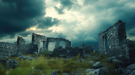 Explore the captivating ruins of ancient stone structures under a dramatic, cloudy sky. A serene landscape blends historical depth with natural beauty.の素材