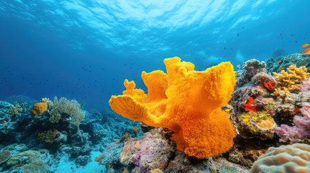 Explore a stunning underwater landscape featuring vibrant orange coral amidst a lively array of marine life in a tropical ocean setting. The scene captures the beauty of marine ecosystems.の素材
