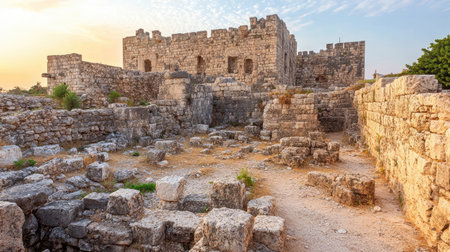 Explore the stunning ancient ruins featuring historic stone walls under a vibrant sunset. This serene landscape captures the essence of Mediterranean heritage and architecture.の素材