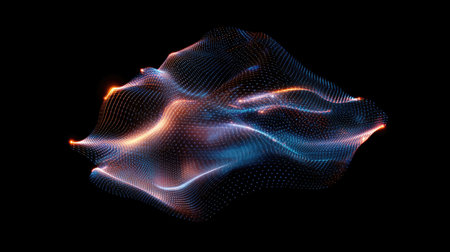This captivating abstract image showcases colorful waves of light gracefully flowing in a dark backdrop, creating a mesmerizing visual experience. Perfect for design projects.の素材