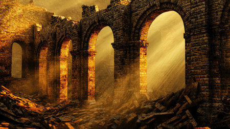 A stunning portrayal of ancient ruins featuring grand archways illuminated by soft sunlight, creating a mysterious and atmospheric scene with scattered debris.の素材