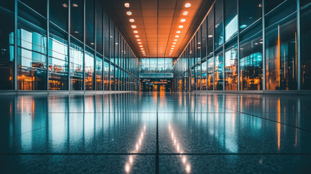 A contemporary airport terminal interior featuring sleek glass walls and bright lighting. The reflections on the polished floor create a serene atmosphere for travelers.の素材