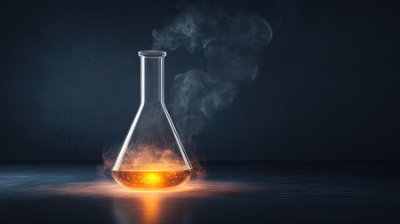 A glass flask containing orange liquid emits smoke, creating a mysterious atmosphere. Ideal for science, laboratory, and chemistry-related themes.の素材