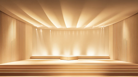 Modern indoor stage featuring soft lighting and a minimalist design. Ideal for presentations, performances, or exhibitions, this elegant space creates an inviting ambiance.の素材