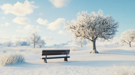 A tranquil winter landscape featuring a snowy bench under a frosted tree, inviting calm moments in nature. Soft clouds drift across a bright blue sky, enhancing the serene beauty.の素材