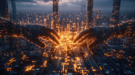 Two futuristic hands hover over a glowing circuit board, symbolizing technology and innovation. The scene includes a vibrant city skyline illuminated by digital lights.の素材