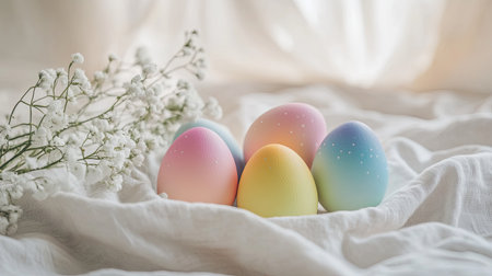 A serene arrangement of colorful pastel Easter eggs resting on soft white fabric, complemented by delicate flowers, perfect for springtime celebrations.の素材