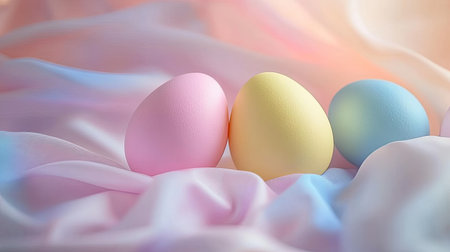 Three pastel eggs in pink, yellow, and blue rest on soft, flowing fabric. This image evokes a cheerful spring atmosphere, perfect for festive decorations.の素材