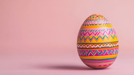 This image features a colorful decorative Easter egg with intricate patterns set against a soft pink background, perfect for celebrations and artwork.の素材