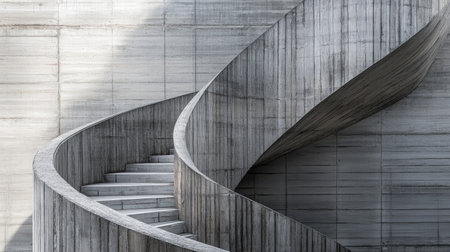 An elegant concrete spiral staircase featuring abstract architectural design and modern minimalism. The interplay of light and shadow enhances its geometric beauty.の素材