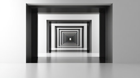 This captivating image showcases an infinite hallway, emphasizing symmetry and minimalism. The interplay of light and shadow creates a mesmerizing visual depth, ideal for artistic projects.の素材
