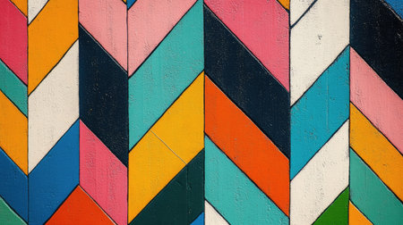 A vibrant geometric pattern featuring bold triangles and stripes in various colors. This eye-catching design adds a creative touch to any space or project.の素材