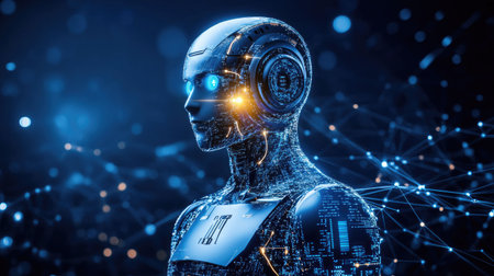 This image features a futuristic robot design with glowing blue lights and intricate digital effects. Ideal for technology and innovation themes.の素材