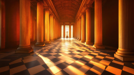A stunning sunlit hallway featuring grand columns and a striking checkerboard floor, creating a serene and elegant atmosphere for architectural inspiration.の素材