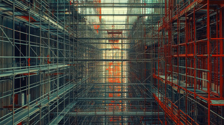 A captivating view of an intricate scaffold structure in a modern urban construction site, showcasing the depth and complexity of building frameworks with vibrant detail.の素材