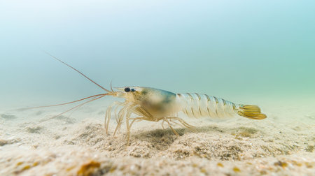 This stunning underwater image captures a freshwater shrimp gracefully swimming in clear, shallow water. The vibrant details showcase its natural habitat and beauty.の素材