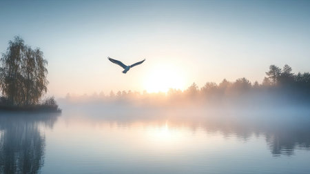 A breathtaking view of a serene lake at sunrise, featuring a bird soaring above. Mist blankets the water, creating a tranquil atmosphere perfect for nature lovers.の素材