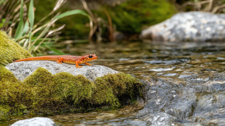 A bright orange salamander rests on a moss-covered rock by a gently flowing stream, showcasing the vibrant beauty of wildlife in a serene natural habitat.の素材