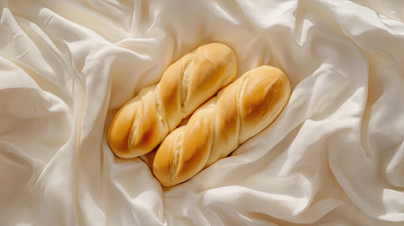 Two freshly baked twisted bread rolls rest delicately on soft white fabric, showcasing their golden crust and inviting texture, perfect for any meal.の素材