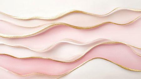 Delicate pink ribbons with gold accents create a soft and elegant wave effect on a light background, perfect for dの素材