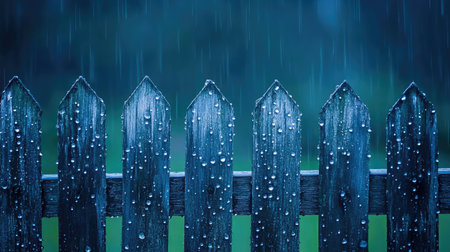 A serene image of a weathered wooden fence adorned with raindrops, showcasing a tranquil atmosphere. The blurred greenery in the background enhances the mood of freshness.の素材
