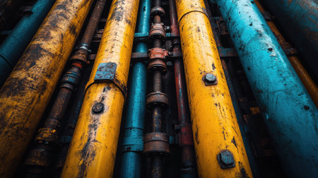 A close-up view of colorful industrial pipes showcasing vibrant yellow and blue tones. The weathered surface with rust and corrosion highlights the raw beauty of machinery and engineering.の素材