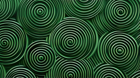 This abstract image features a vibrant green spiral pattern with layered circles, creating a dynamic and modern texture. Ideal for backgrounds or artistic projects.の素材