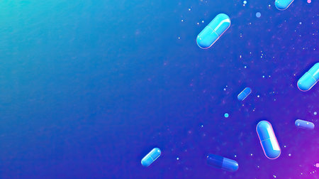 Bright blue capsules float in a colorful, dynamic background, representing health and wellness. Ideal for themes in medicine, nutrition, and pharmaceutical innovation.の素材