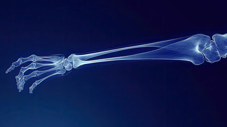 X-ray image showcasing a detailed view of a human arm skeleton, highlighting the intricate bone structure against a dark background for educational and medical use.の素材