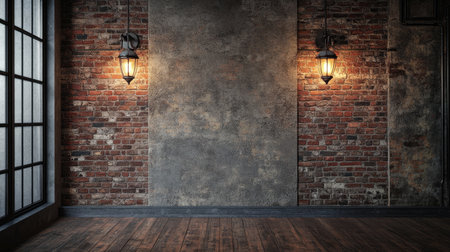 This image features a rustic interior setting with exposed brick walls and warm vintage lighting, creating a cozy atmosphere perfect for various design projects.の素材