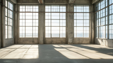 A spacious industrial loft featuring large windows that flood the area with natural light. The empty concrete space highlights modern architectural design and minimalist aesthetic.の素材