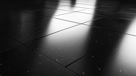A close-up view of a glossy black floor tiled surface featuring elegant reflections and sparkling details. Ideal for showcasing modern spaces and designs.の素材