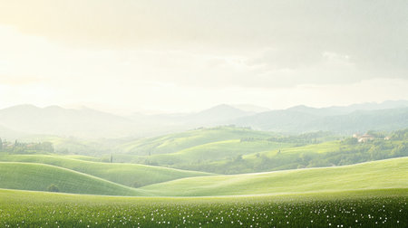 Experience tranquility in this serene landscape of rolling green hills under a soft, cloudy sky at dawn. Perfect for nature lovers and wellness themes.の素材