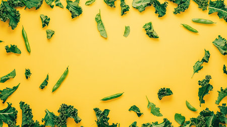 This image features an aesthetic arrangement of fresh kale and pea leaves on a vivid yellow background, perfect for promoting healthy eating and vibrant food styling.の素材