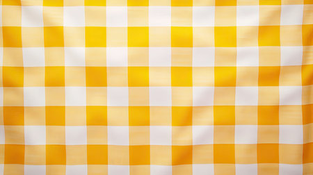This bright yellow checked pattern fabric features a cheerful design perfect for various creative projects or home decor. Ideal for table settings and casual occasions.の素材