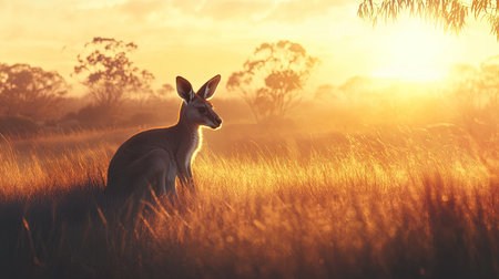 A stunning silhouette of a kangaroo sits in the golden grassland at sunset, depicting a serene and tranquil moment in the Australian wilderness.の素材